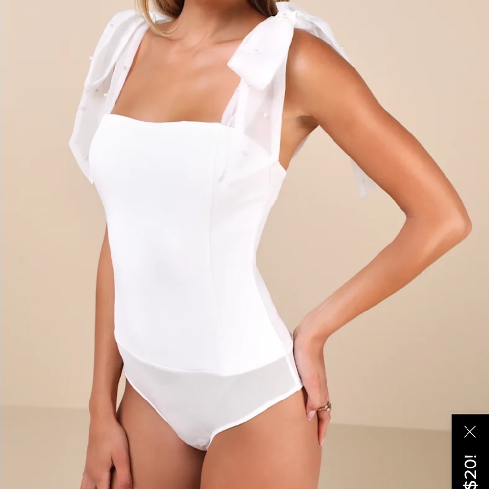 Lulus Beaming Perfection White Pearl Organza Tie-Strap Bodysuit